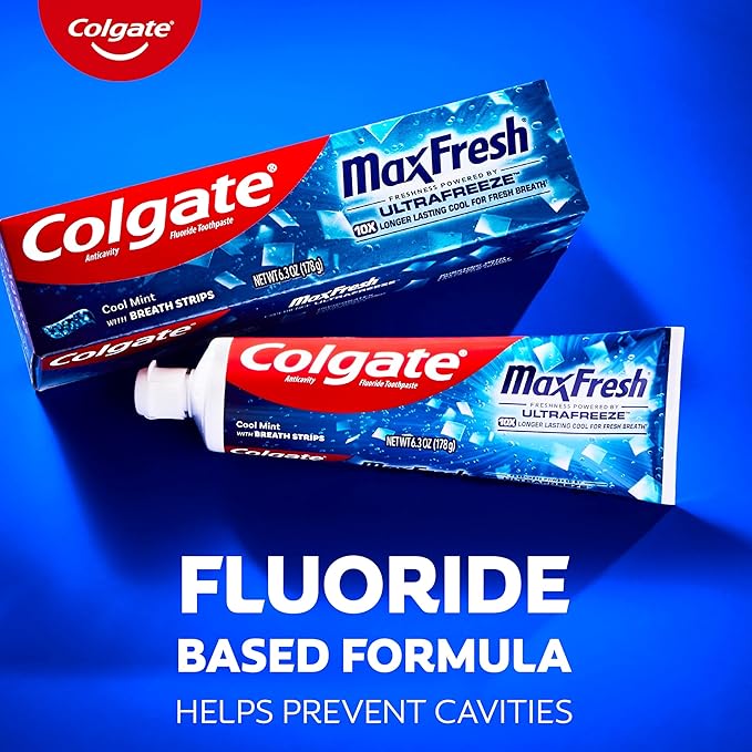 Colgate MaxFresh Cool Mint Toothpaste Pack, Fresh Breath Toothpaste with Fluoride and Hundreds of Mini Breath Strips, Leaves Mouth Feeling Refreshed for Hours, 4 Pack, 6.3 oz