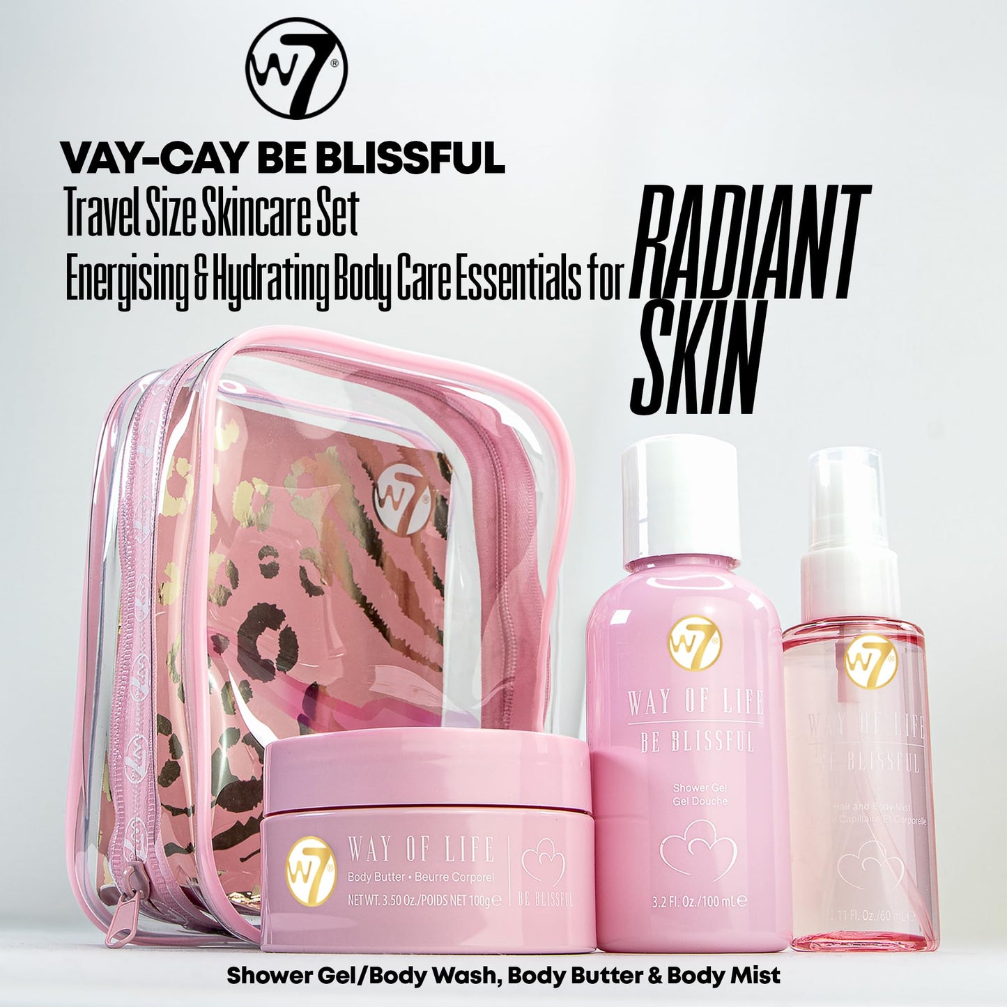 W7 VAY CAY Be Blissful - Travel Size Skincare Set | Carry On Luggage Essentials: Shower Gel & Body Wash, Body Butter & Body Mist | Energizing & Hydrating Body Care for Glowing Skin