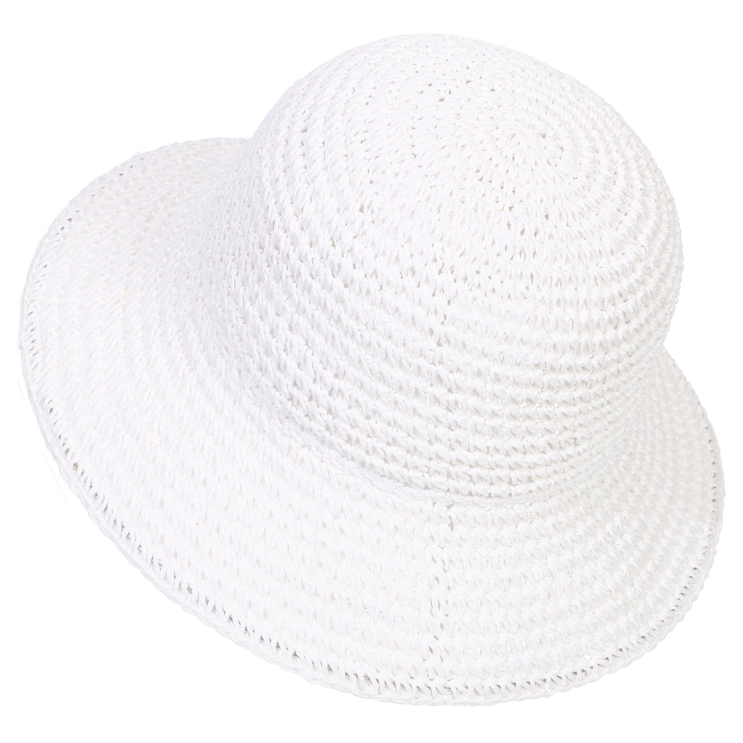 Womens Sun Hat Handmade Crochet Straw Bucket Hat Summer UV Protection Foldable Travel Cap UPF 50+(White)