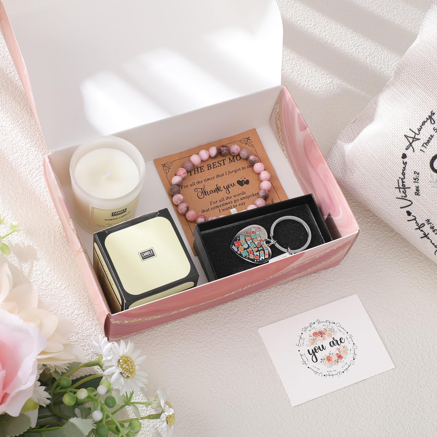 Velokomo Appreciation Gifts for Mom - 5pcs Pink Box Set for Best Mother Birthday Christmas Gift for Women Thank You Present Kit with Makeup Bag Card Bracelet Keychain Candle