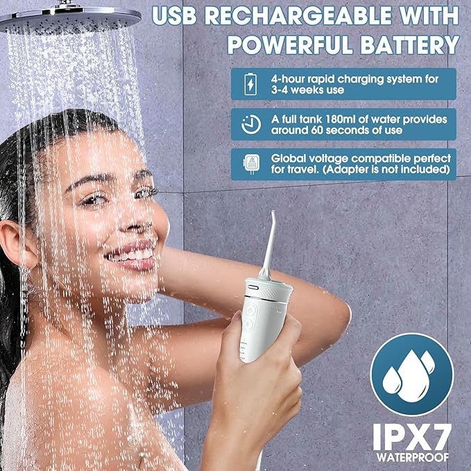 Compact Water Flosser for Travel - Mini Portable USB-C Rechargeable Oral Irrigator with 3+1 Modes, IPX7 Waterproof, Collapsible Tank 180ml - Teeth Cleaning Pick for Braces & Sensitive Gums