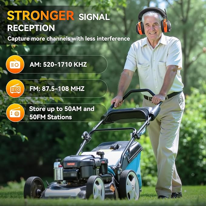 2025 AM/FM Radio Ear Protection Headphones with Backlit Digital Display, 120H Working Time, Rechargeable Hearing Protector, 30dB Noise Reduction Safety Earmuffs for Mowing, Construction, Work, Orange