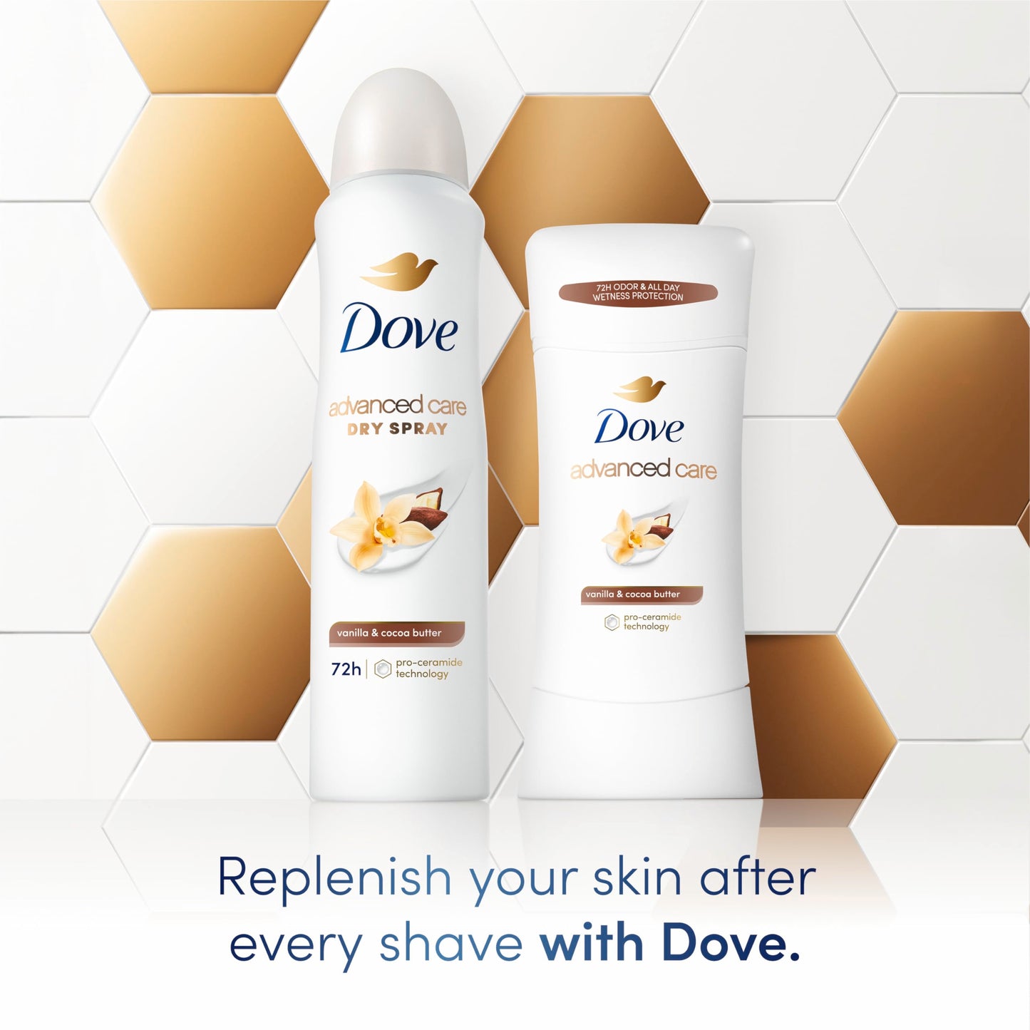 Dove Advanced Care Antiperspirant Deodorant Stick Vanilla & Cocoa Butter 3 Count Antiperspirant deodorant with Pro-Ceramide Technology 72-hour odor control and all-day sweat protection 2.6 oz