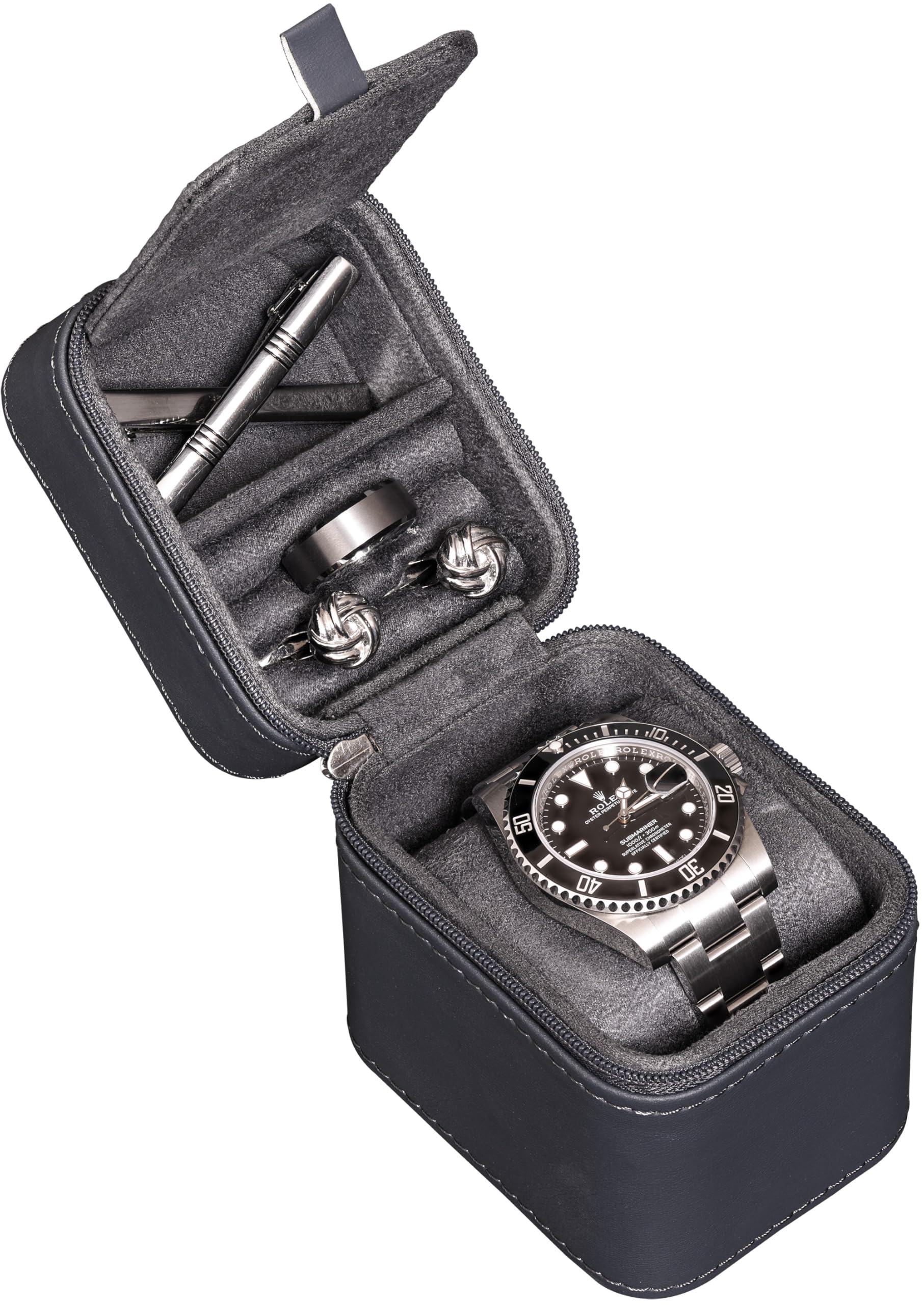 ROTHWELL Single Watch Travel Case with Accessory Compartment | Compact PU Leather Protective Box with Microsuede Interior | Fits Watches & Smartwatches Up to 55mm | Accessory Lid for Jewelry (Carbon)