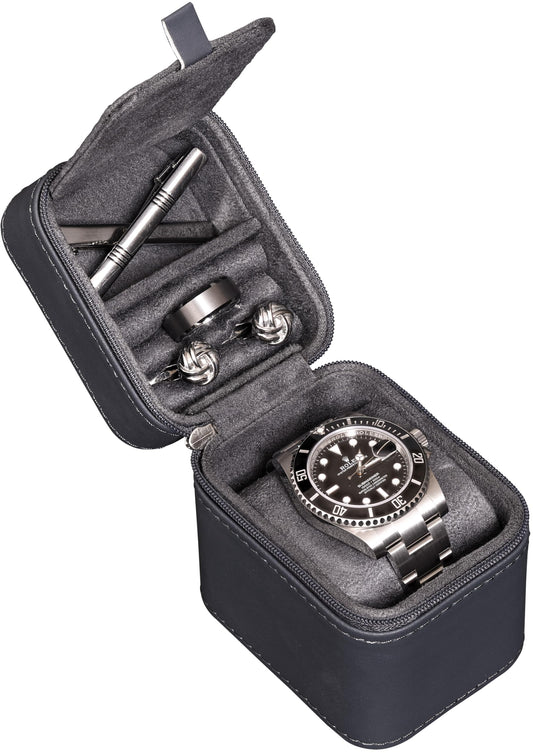 ROTHWELL Single Watch Travel Case with Accessory Compartment | Compact PU Leather Protective Box with Microsuede Interior | Fits Watches & Smartwatches Up to 55mm | Accessory Lid for Jewelry (Carbon)