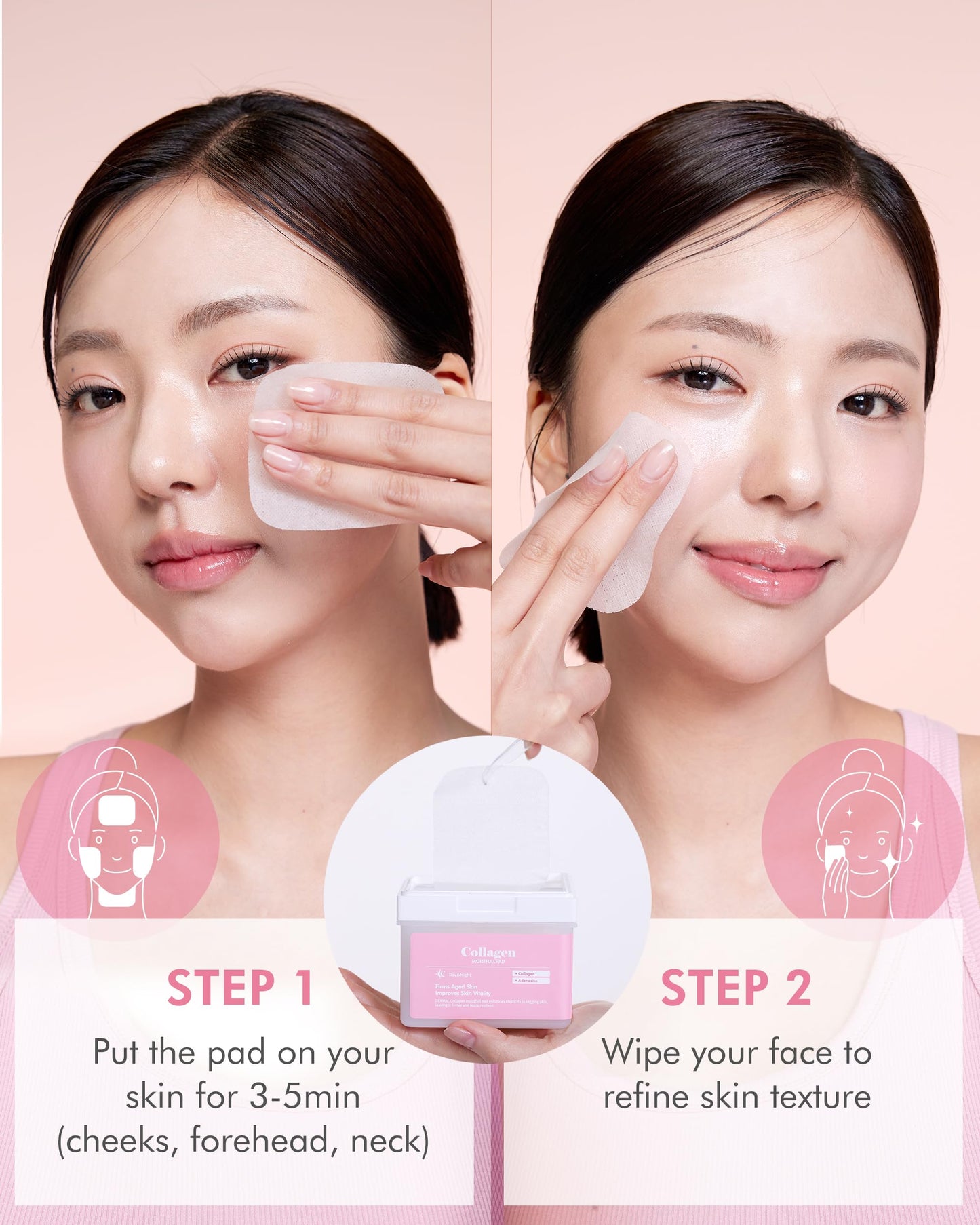 DERMAL Collagen Moistfull Toner Pad - Korean Toner Pad for Elasticity & Wrinkle Improvement with Peptides - Travel Kit 12 Pads, 3 Pack (Total 36 Pads)