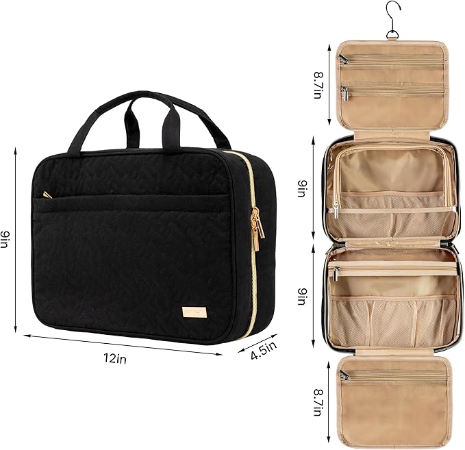 Carrywell |Not Made In China| Hanging Toiletry Travel Bag For Women, Makeup Organizer Case, Water-Resistant Cosmetic Bag For Full-size Containers, Toiletries (Black, Medium)