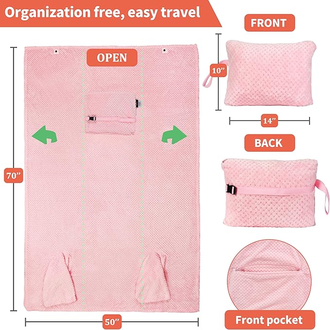 Tirrinia Travel Blanket Airplane Compact with Bag, Soft& Lightweight Wearable Blanket with Foot Pockets for Women Men Adults, Warm Snuggle Blanket, Airplane Travel Essentials, Travel Gifts for Her,