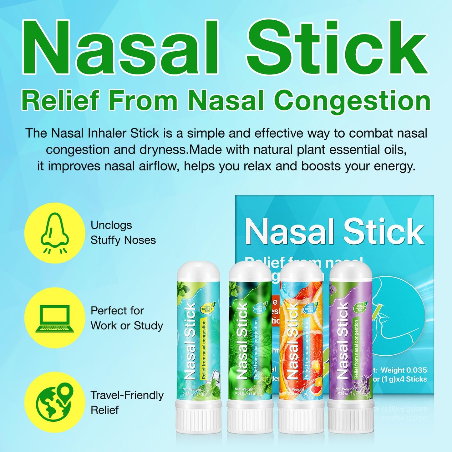4 Pack Nasal Stick,Nasal Inhaler Stick,Nose Inhaler Boost Energy Set,Inhaler,Sinus & Congestion Relief, Daily Relaxation, Stress Relief, Pure Natural Ingredients