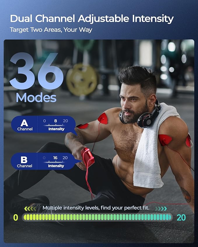 KingPavonini 3-in-1 TENS Unit Muscle Stimulator for Pain Relief Therapy, Dual Channel 36 Modes TENS Machine with 12 Pads, Rechargeable & Portable EMS Muscle Stimulator for Back, Shoulder, Neck