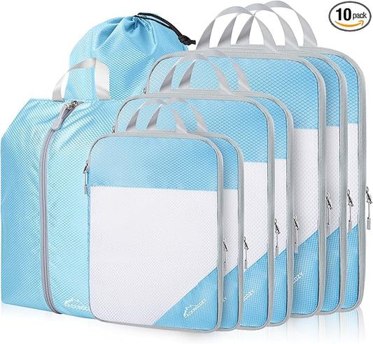 Compression Packing Cubes, 9 Set Packing Cubes for Travel Compression, Lightweight Compressible Package Organizer for Carry On and Suitcases, Sky Blue