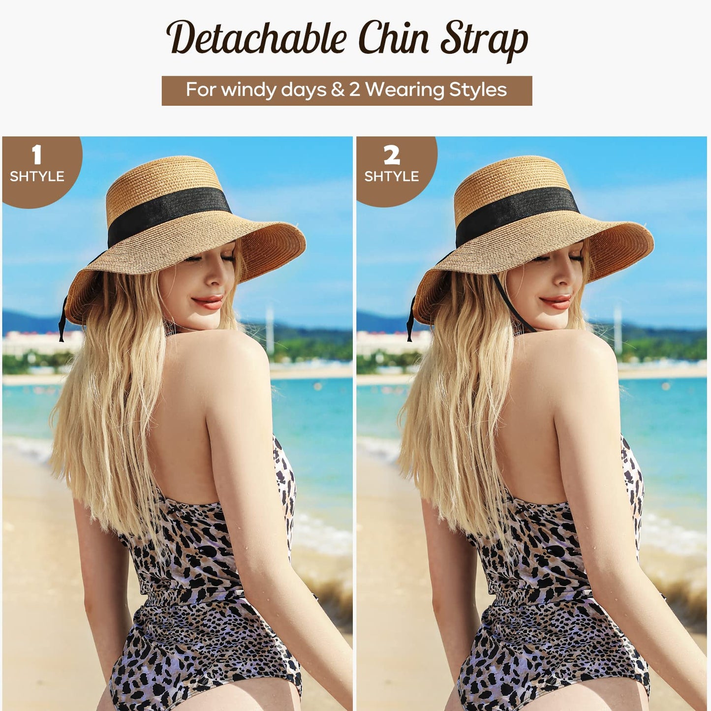 Sun Beach Hats for Women, Wide Brim Womens Straw Hat with Chin Strap, Foldable Beach Hats UV Protection