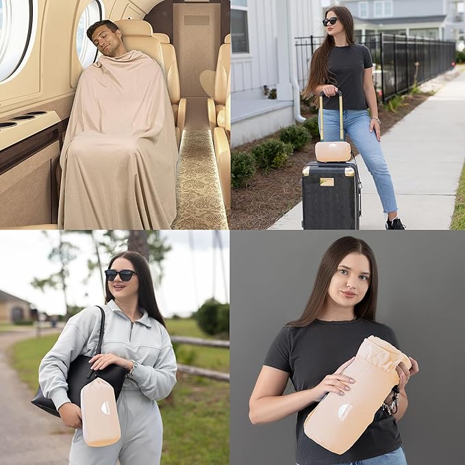 BlueHills Ultra Compact Travel Blanket Pillow for Airplane Traveling Essential Long Flight Trip Throw in Bag Portable Case Large Plane Accessories Beige - C007