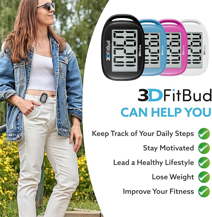 3DFitBud Simple Step Counter Walking 3D Pedometer by 3DActive with Clip, Lanyard Accurate Fitness Tracker for Men, Women & Elderly Daily Exercise - A420S