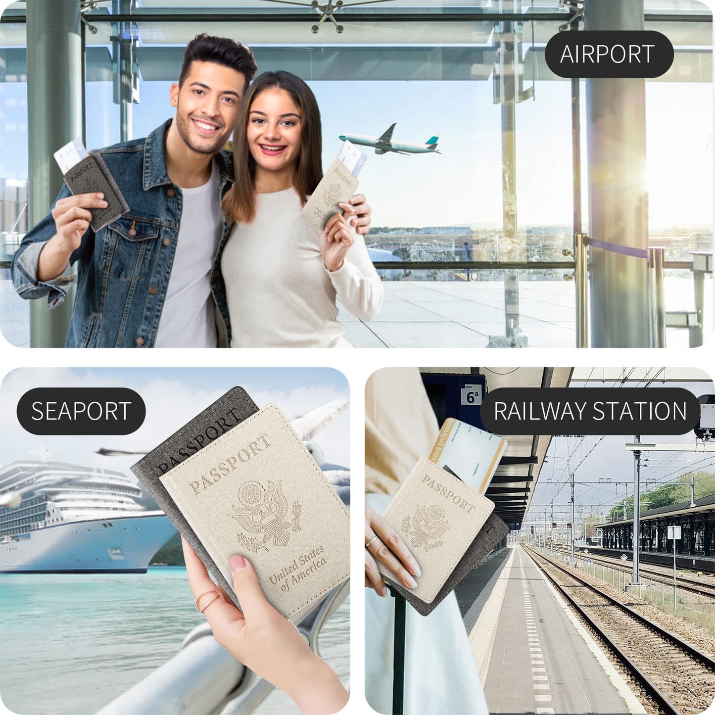 2 Pack Unisex Adult Faux Leather Passport Holder,Honeymoon Gifts,Travel Essentials-Rfid Blocking,White&Gray