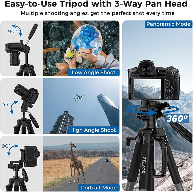 75" Camera Tripod, Heavy Duty Aluminum Camera Stand for ipad Phone, Travel Tripod with Remote/Carry Bag/Phone Tablet Holder, Compatible with DSLR, Spotting Scopes, Max Load 15 Lb(Grey)