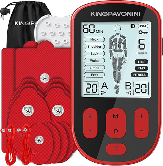 KingPavonini 3-in-1 TENS Unit Muscle Stimulator for Pain Relief Therapy, Dual Channel 36 Modes TENS Machine with 12 Pads, Rechargeable & Portable EMS Muscle Stimulator for Back, Shoulder, Neck