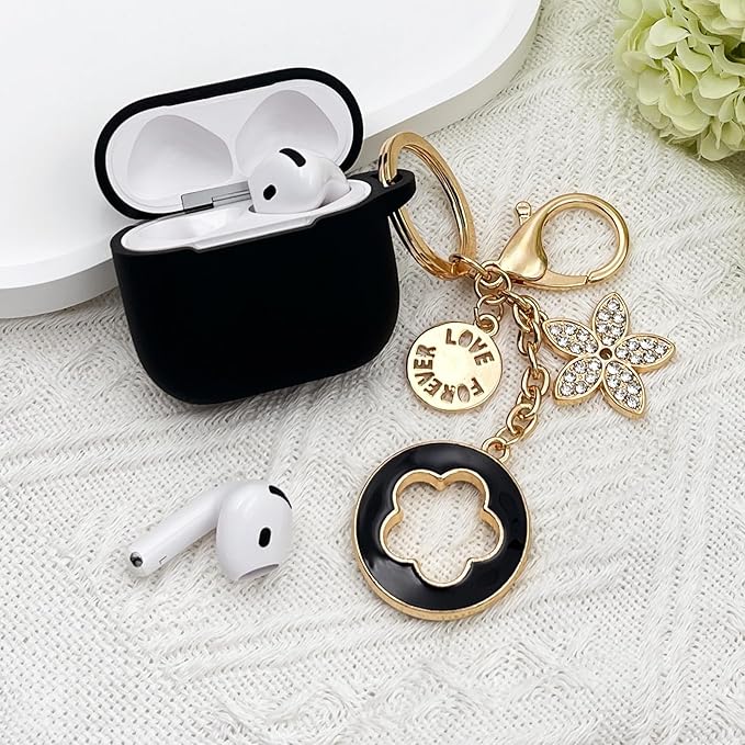 Airpods 4 Cases Silicone Protective Case for Airpod 4 with Bling Keychain for Apple AirPods 4th Generation Wireless Earbuds with Cleaner Kit (Black)
