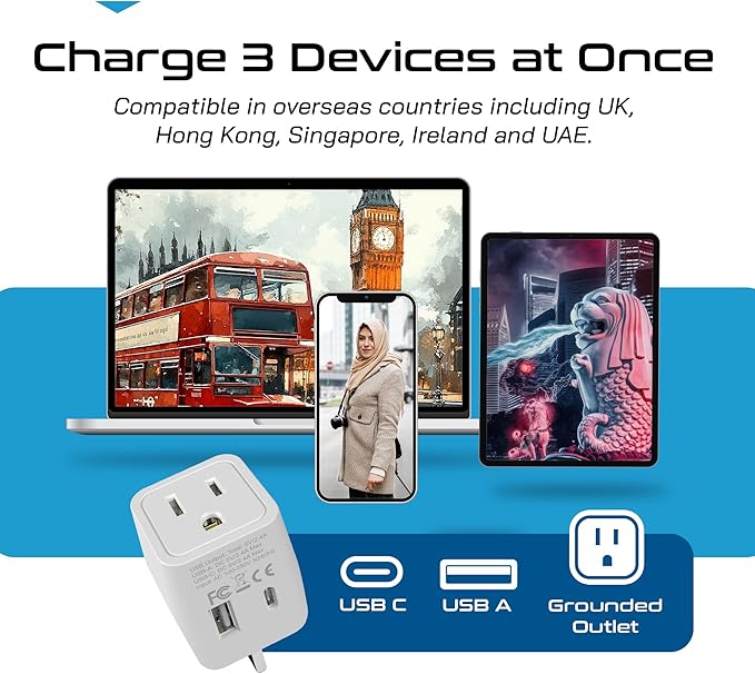 Ceptics UK adapters for travel to London, UAE, Hong Kong - USB-A, USB-C & USA Input - Compact Grounded Type G Plug - Use with Phones, Laptops,Cameras