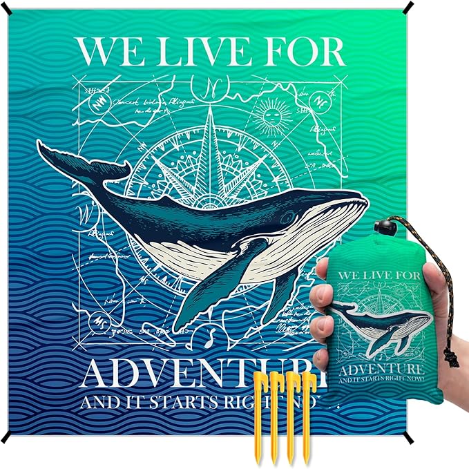 Beach Whale Pocket Picnic Blankets, Blue Ocean Coastal Mini Beach Camping Blanket Waterproof Sandproof, Rustic Sea RV Outdoor Picnic Blanket Mat Gifts for Camper Campsite Travel 55x60in