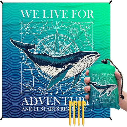 Beach Whale Pocket Picnic Blankets, Blue Ocean Coastal Mini Beach Camping Blanket Waterproof Sandproof, Rustic Sea RV Outdoor Picnic Blanket Mat Gifts for Camper Campsite Travel 55x60in