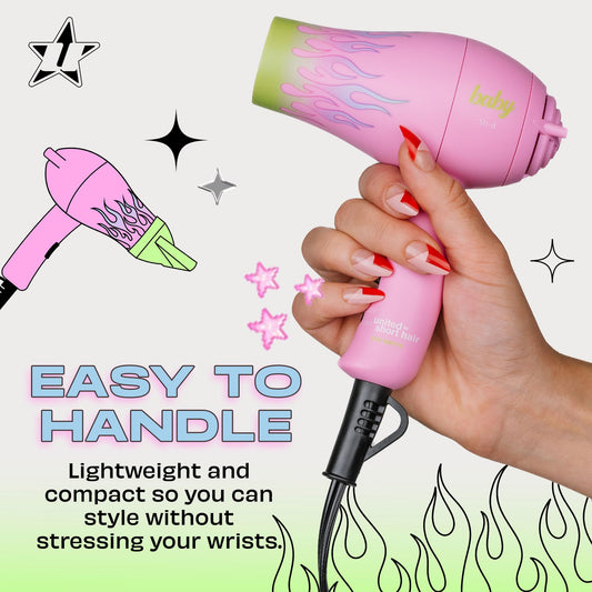 Baby Travel Hair Dryer – Lightweight, Portable Dual Voltage Mini Blow Dryer for Women and Men with Foldable Handle, and Nozzle for Targeted Styling - Works on Short and Long Hair