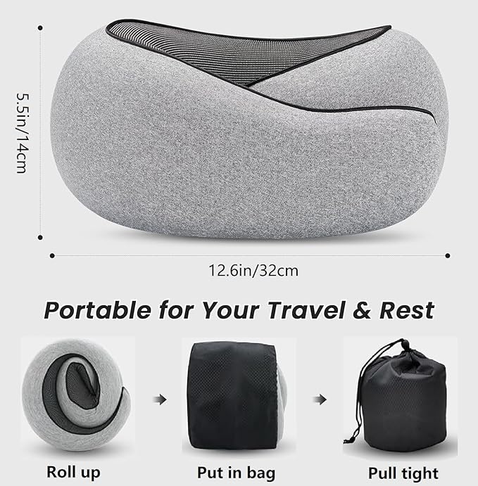 Travel Pillow, Travel Pillows for Airplanes, 100% Pure Memory Foam Travel Neck Pillow with Eye Mask & Ear Plugs, Comfort and Ergonomic Design, Ideal for Airplanes, Cars and Offices
