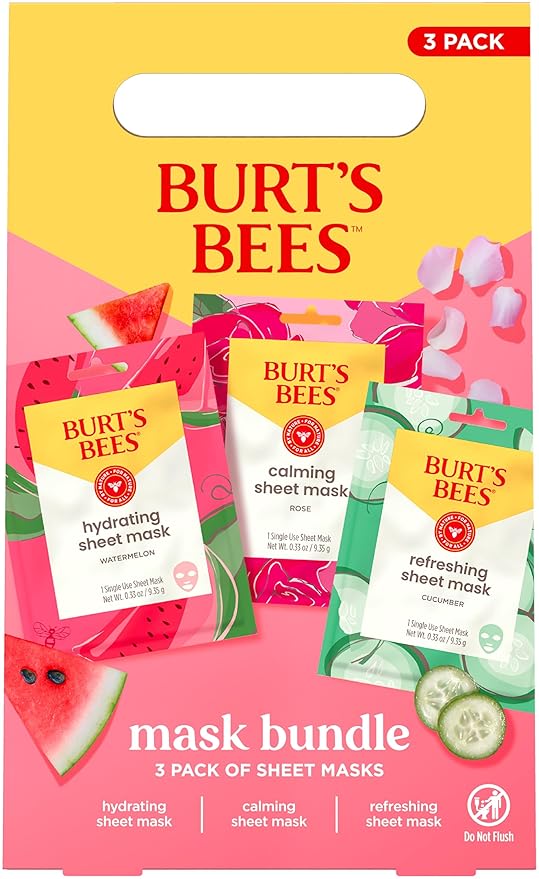 Burt's Bees Face Mask Bundle Set, Hydrating Watermelon, Calming Rose, & Refreshing Cucumber, Face Sheet Masks for Single Use Skin Care, 99% Natural Origin, 3 Count, 0.33oz Each