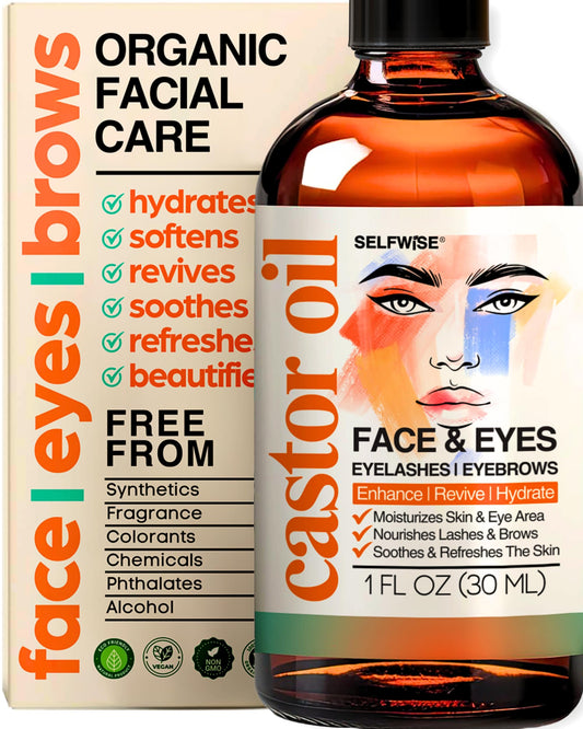 SELFWISE Organic Castor Oil For Face Moisturizer, Eyes, Eyelashes, Eyebrows, Wrinkles with Jojoba, Rosehip, Grapeseed, Squalane, Palmarosa, Bergamot and Vitamin E for Gentle Skin, Men & Women 1oz
