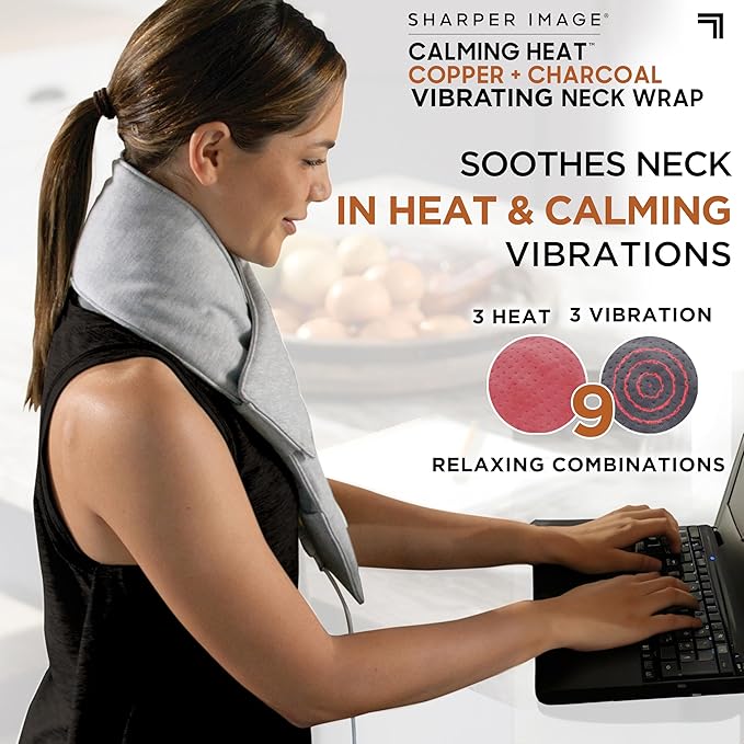 Calming Heat Neck Wrap by Sharper Image Copper & Charcoal Infused Personal Electric Neck Heating Pad with Vibrations, 3 Heat & 3 Vibration Settings- 9 Relaxing Combinations