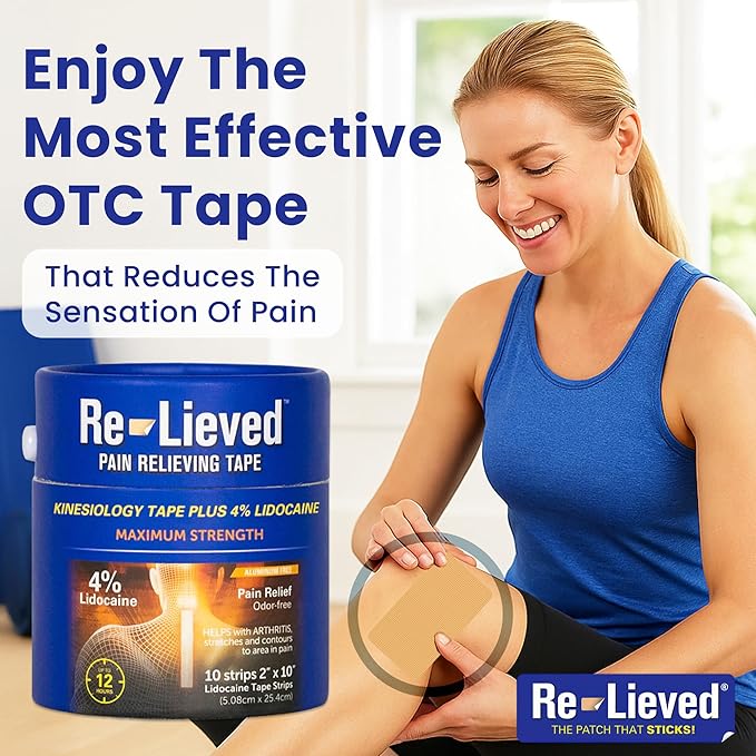 4% Lidocaine Maximum Strength Pain Relief Kinesiology Tape - Relieves Back, Joints and Muscle Pains - Superior Sticking, Aluminum-Free Water Resistant, and USA Made - 2" x 10" Strips