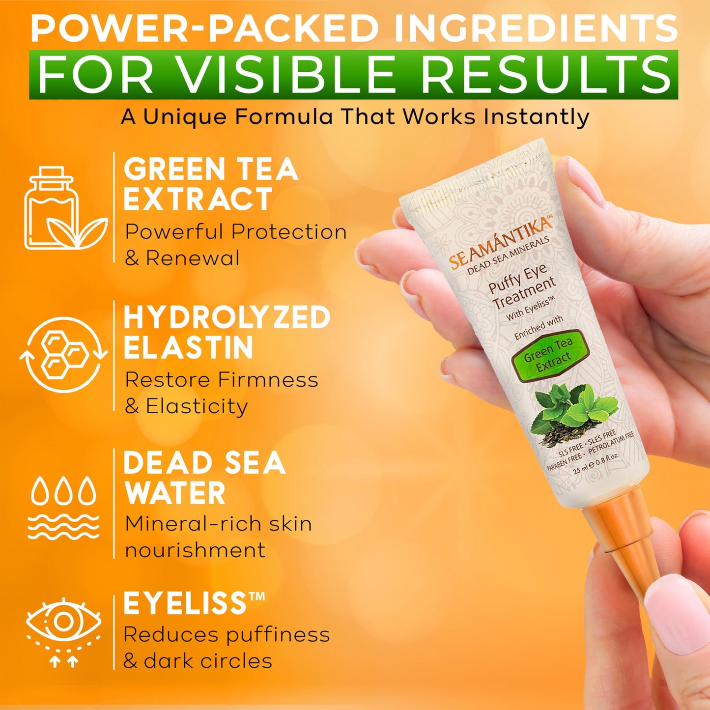 Puffy Eye Treatment Instant results – Naturally Eliminate Wrinkles, Puffiness, Dark Circle and Bags in Minutes – Hydrating Eye Cream w/ Green Tea Extract, Dead Sea Minerals by SEAMANTIKA – .8 fl.oz.