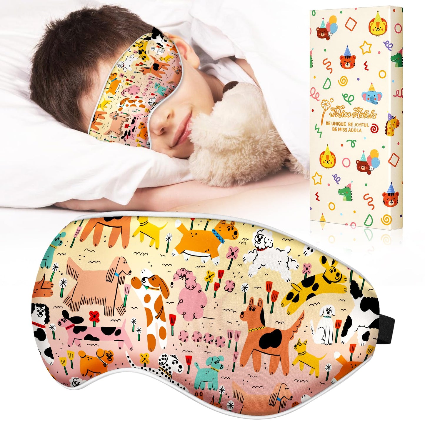 Miss Adola Kids Sleep Mask - Silk Eye Mask for Kids Cute Cartoon Cool Kawaii Soft Smooth Lightweight Boys Girls Teens Sleeping Mask with Adjustable Straps, Crayon Dog