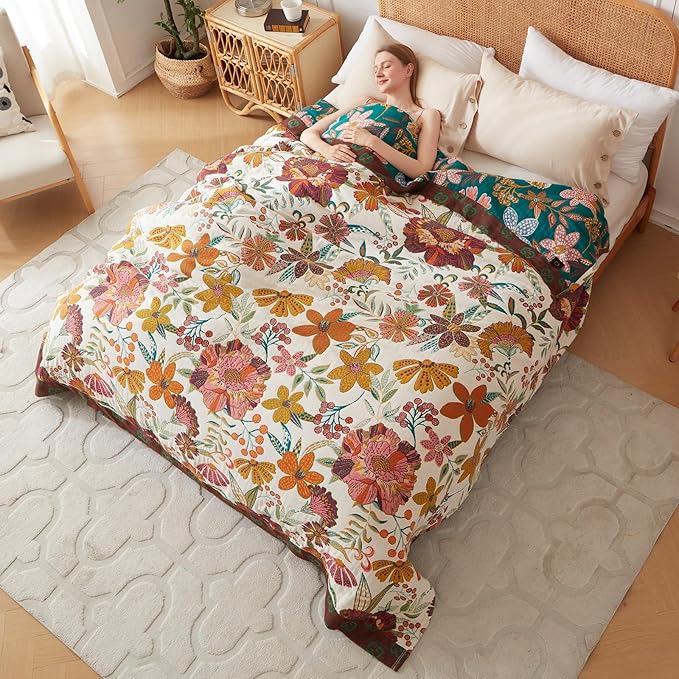 Boho Throw Blanket for Bed 100% Cotton Ultra Soft Rustic Quilt Fall Blanket Floral Printed Farmhouse Decor Bed Blankets,90"×98" All Season Rustic Throw for Sofa Couch Chair