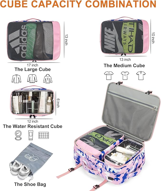 Carry on Travel Backpacks, Extra Large 40L Flight Approved Bag for Men & Women,Expandable Suitcase Backpack With 4 Packing Cubes,Water Resistant Luggage Daypack Business Weekender Bag,Camouflage Pink