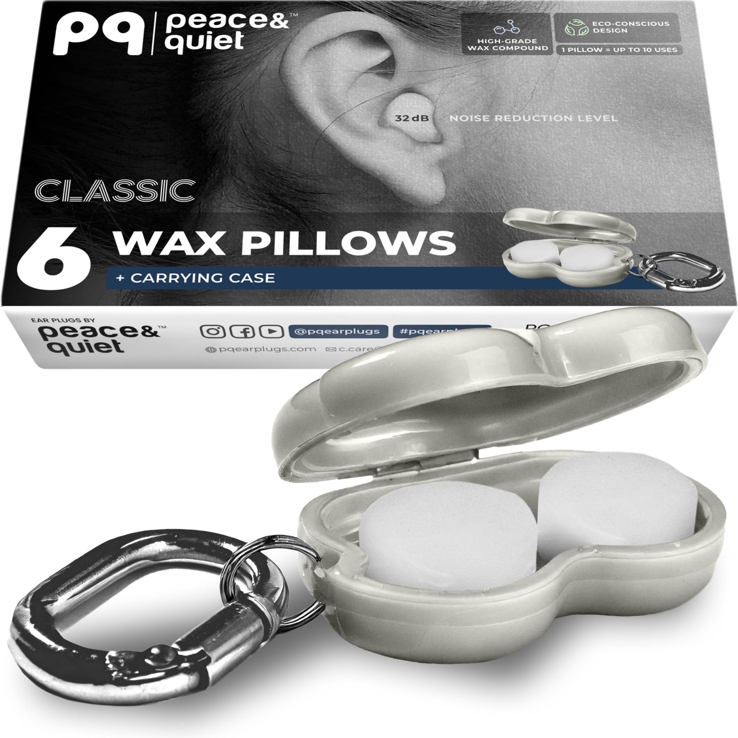PQ Wax Ear Plugs for Sleep - 6 Silicone Wax Earplugs for Sleeping and Swimming - Gel Ear Plugs for Noise Cancelling, Ear Protection - Sleeping Earplugs with Sound Blocking 32 Db (6-Pillows). White