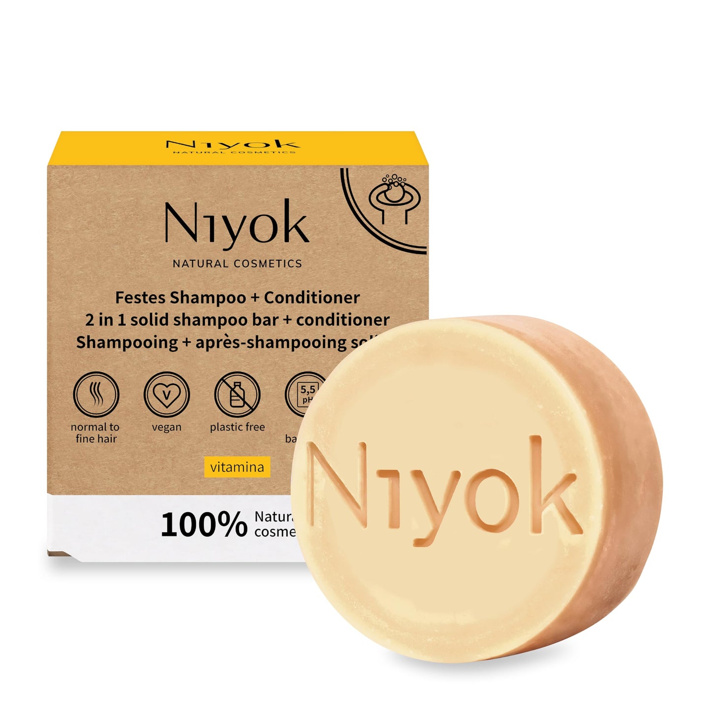 Niyok Natural Cosmetics 2-in-1 Solid Shampoo + Conditioner Bar, Vitamina Scent, 80g