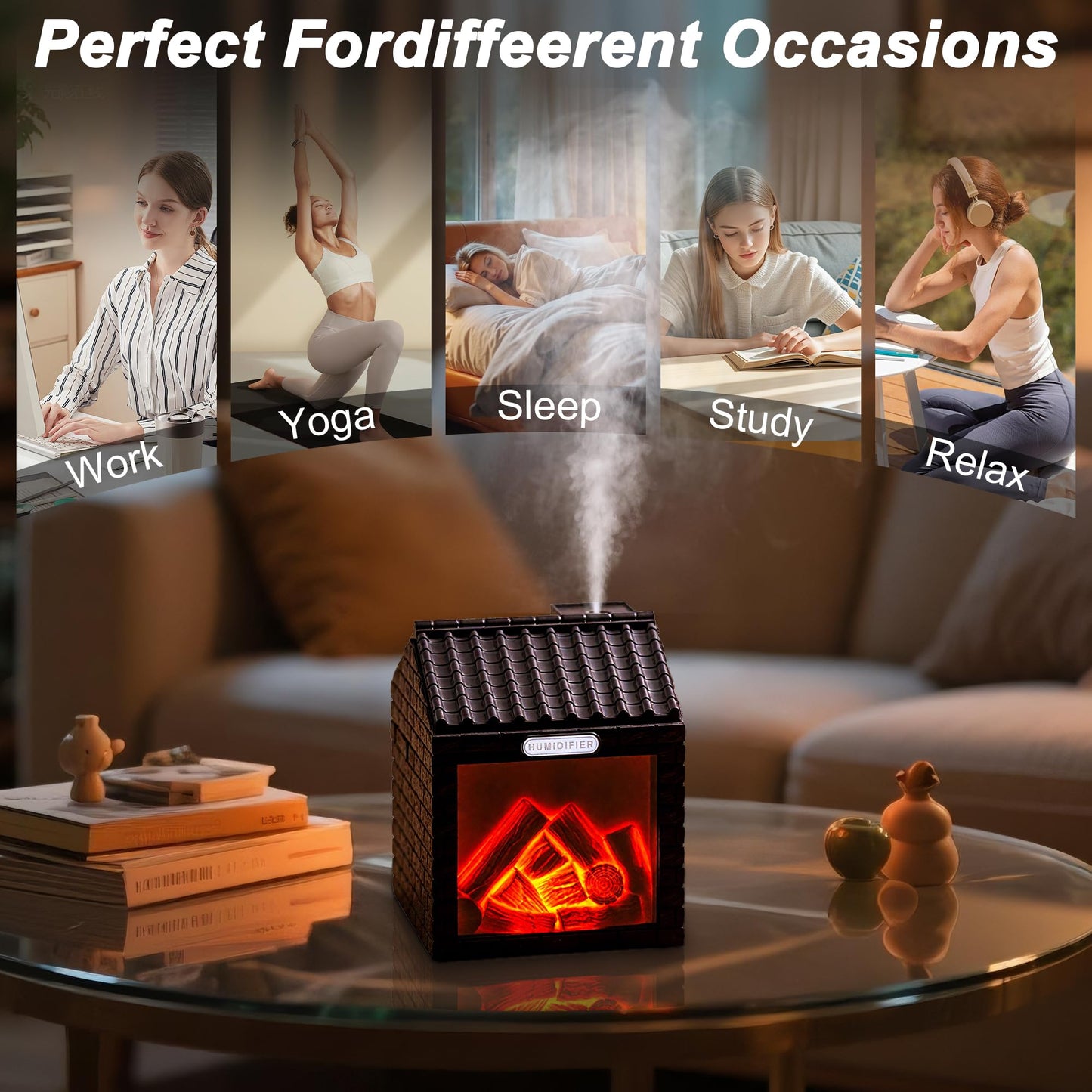 Fireplace Humidifier Diffuser,200ml Aromatherapy Essential Oil Diffuser with Cool Mist,Portable Aroma Humidifiers with Waterless Auto-Off for Home Office Bedroom Yoga (Brown)