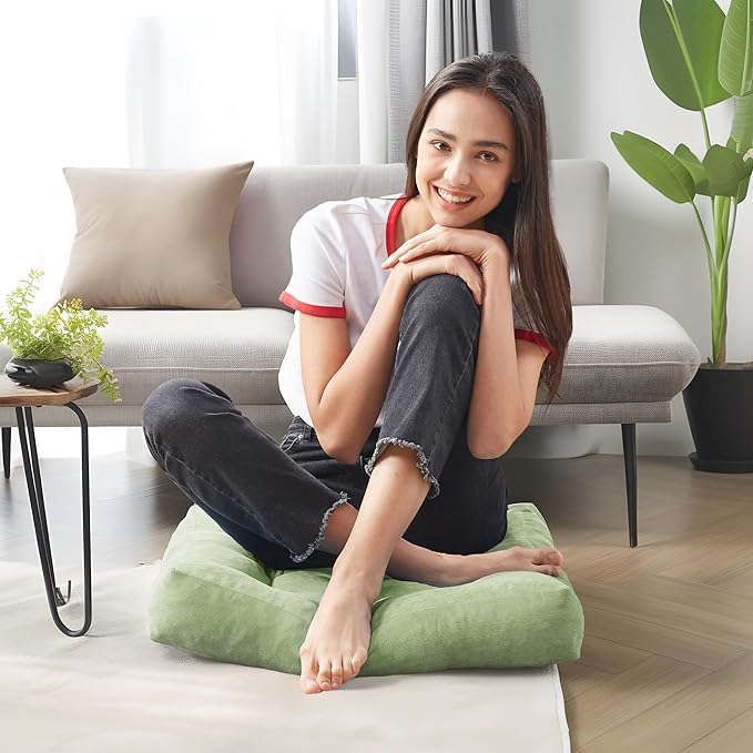 Meditation Floor Pillow Set of 2, Square Large Pillows Seating for Adults, Tufted Corduroy Cushion for Living Room Tatami, Green 22x22 Inch
