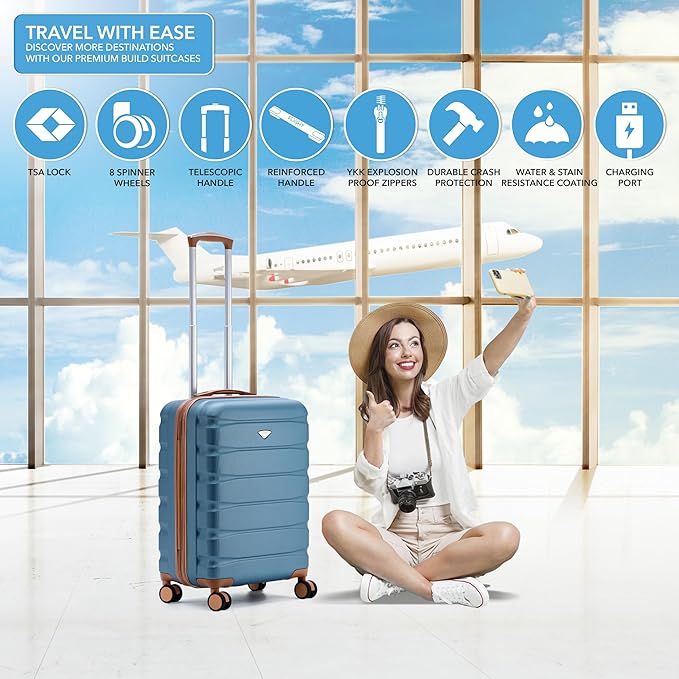 Carry On Suitcase Hardside TSA Lock & USB Port Silent Double Spinner Wheels Maximum Overhead Carry-On Bag Approved For Many Airlines( 22x18x10" ,Blue/Tan )