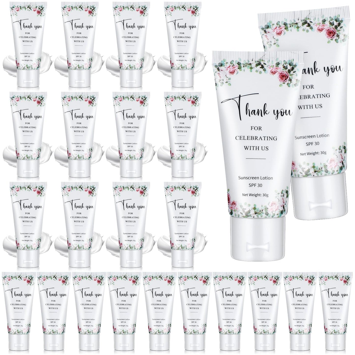 Dansib 24 Pcs Mini Sunscreen Bulk for Summer Wedding Party Spf 30 Water Resistant Sunscreen Lotion Bulk 1oz Travel Size for Thank You Gifts Wedding Party Supplies(White Cream,Floral)