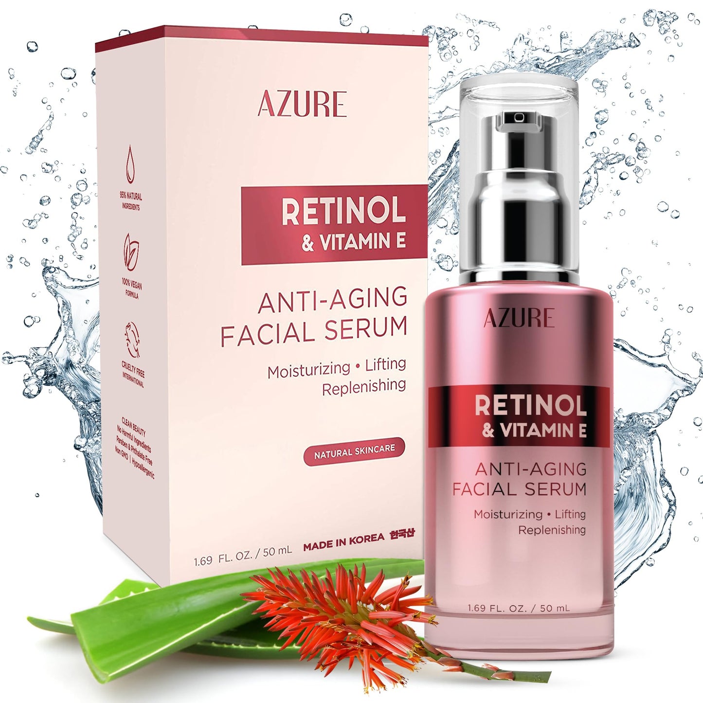 Azure Cosmetics Retinol Serum For Face - Dermatologist Tested, Anti Aging for Dark Spots & Skin Smoothing - Vitamin E for Replenishing & Skin Renewal - Vegan, Clean Beauty, Korean Skin Care - 1.69 oz