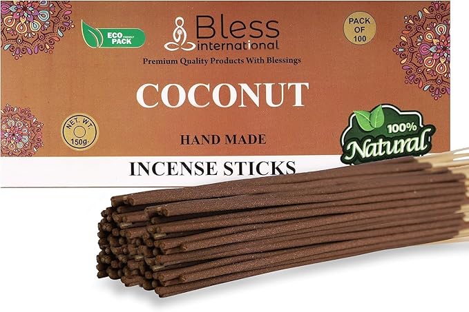 Bless-Coconut 100%-Natural-Handmade-Hand-Dipped-Incense-Sticks Organic-Chemicals-Charcoal-Free Purification-Relaxation-Positivity-Yoga-Meditation Best-Woods-Scent (100 Sticks(5.25 OZ))