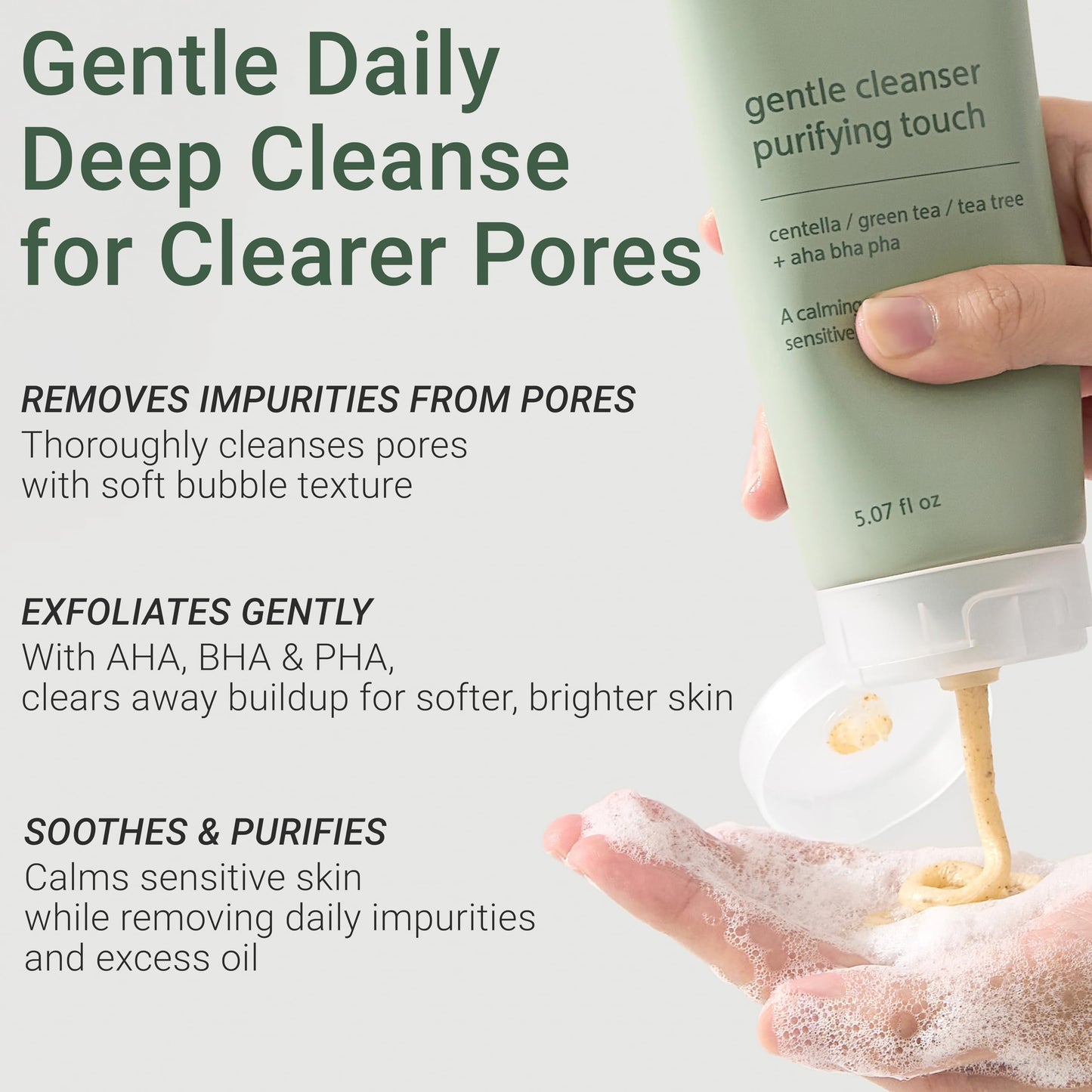 CELDYQUE Gentle Cleanser Purifying Touch – Centella, Tea Tree & Green Tea | AHA BHA PHA Exfoliating Face Wash for Sensitive, Acne-Prone Skin | Calming, Pore Purifying Korean Cleansing Foam, 5.07 fl oz