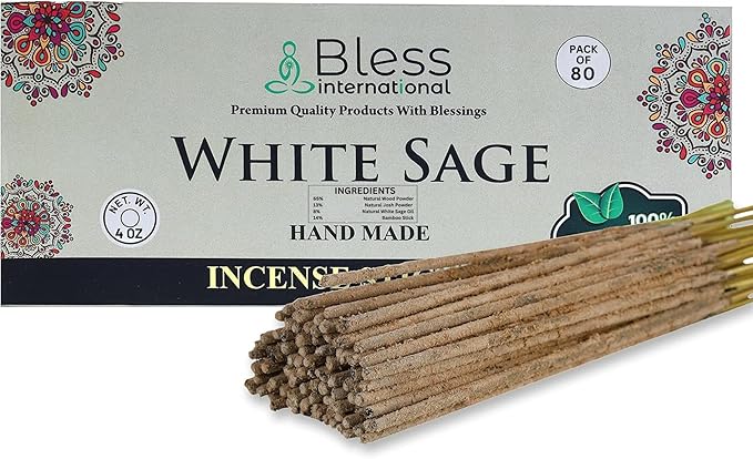 Bless-White-Sage 100%-Natural-Handmade-Hand-Dipped-Incense-Sticks Organic-Chemicals-Charcoal-Free Purification-Relaxation-Positivity-Yoga-Meditation Best-Woods-Scent (80 Sticks (4.20 OZ))