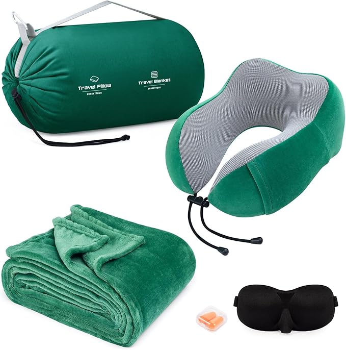 Travel Pillow and Blanket Set Neck Pillows Travel Essentials with Sleep Mask for Airplane Car Memory Foam Green