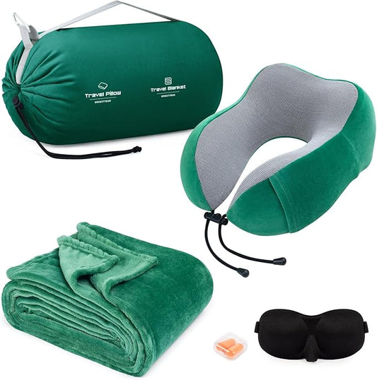 Travel Pillow and Blanket Set Neck Pillows Travel Essentials with Sleep Mask for Airplane Car Memory Foam Green