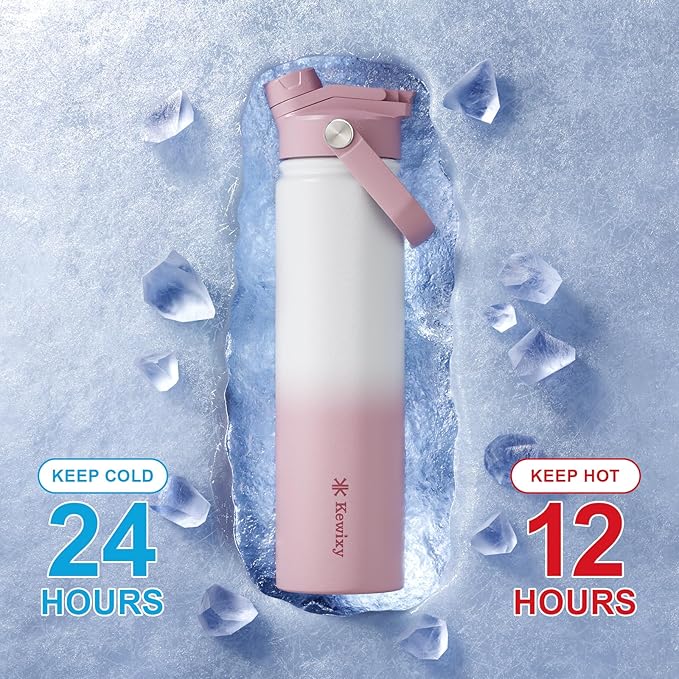 24 oz Insulated Water Bottle, 2-in-1 Lid, Straw & Spout with Protected, Leak Proof, Keep Cold, Stainless Steel, Metal, Reusable, Handle, for Travel, Gym and School, 2 Lids, Iced Plum
