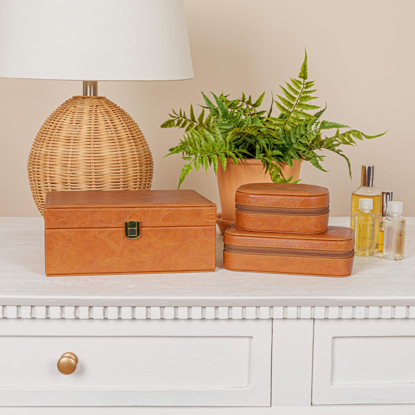 Household Essentials Vegan Leather Travel Jewelry Organizer Box, Caramel Color