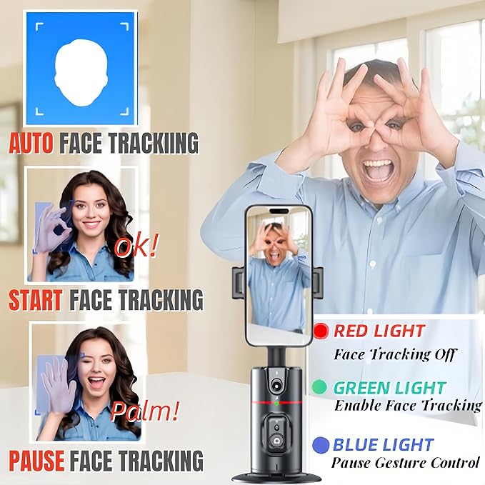 Auto Face Tracking Tripod, 360° Rotation Face Body Tracking Phone Holder, Rechargeable Smartphone Camera Mount Remote & Gesture Control with Adjustable Selfie Stick Tripod Stand for Phone Camera GoPro
